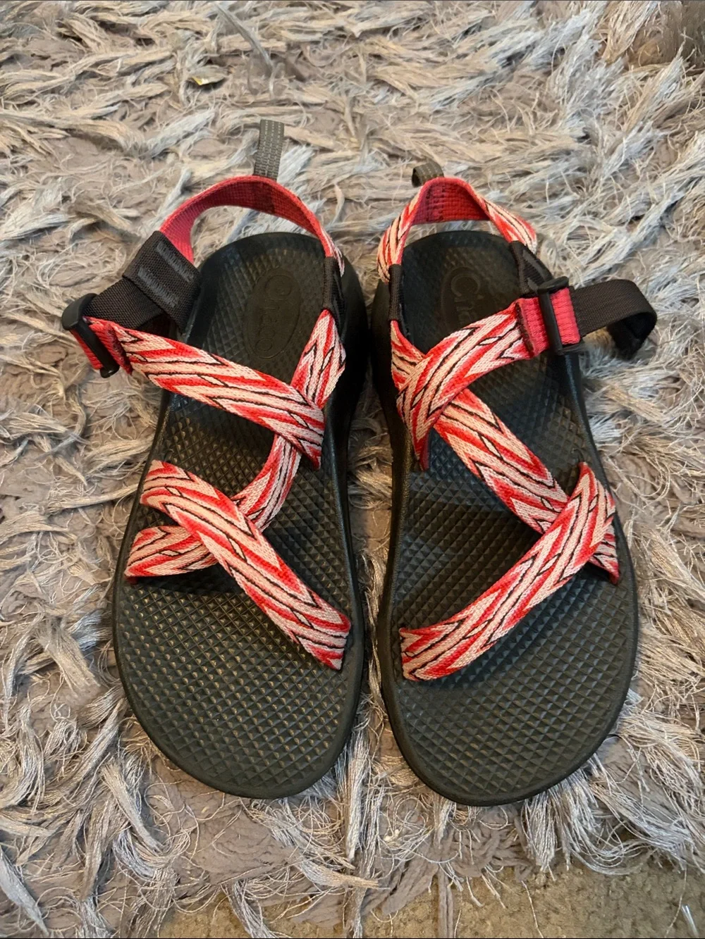 Chaco Kids Red and White Strappy Sandals with Black Footbed